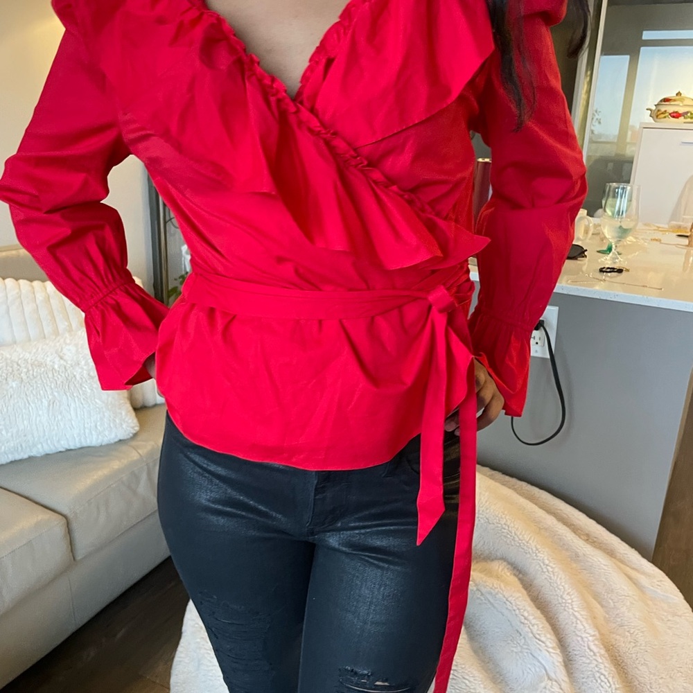 Rachel Parcell Red Ruffle Wrap Blouse